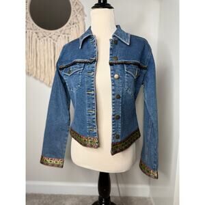 Vtg 90s Tapestry Trim Ruffle Embroidered Dark Medium Wash Denim Jean Jacket 6